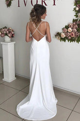 Ivory Sheath V-neck Backless Spaghetti Straps Wedding Dresses with Slit